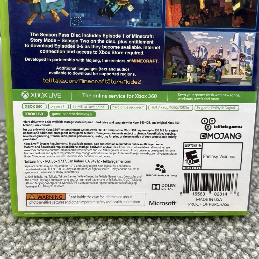 Minecraft X Box 360 Season Two Story Mode Disk Game Tested Works Microsoft